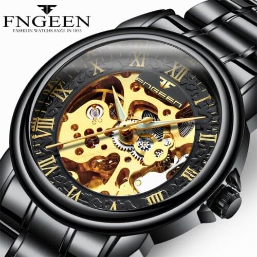 Black Mechanical Watch for Men 2020 Fashion Luxury Steel Waterproof Casual Wristwatch FNGEEN Skeleton Automatic Mens Watches