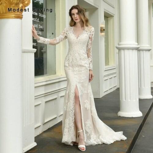 Elegant Ivory and Champagne Mermaid V Neck Beaded Lace Wedding Dresses 2020 Split Long Sleeves Bridal Gowns vestido de noiva