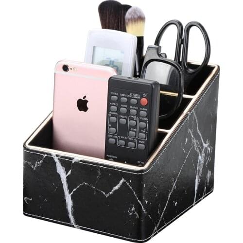 Leadland 3 Slot Gold Rim Leather Desk Organizer Marble Pen Holder PU Leather Storage Box Remote Control Sundries Container Case