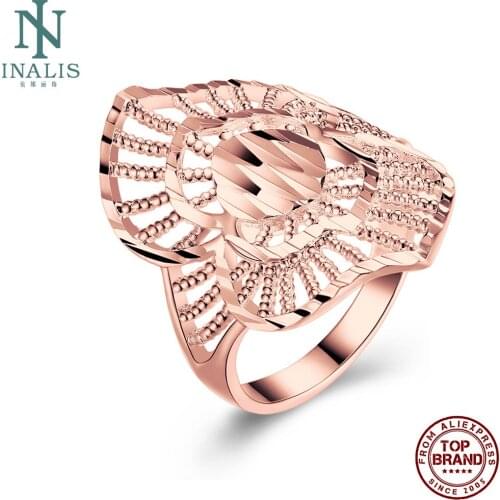 INALIS Fashion Romantic Hollow Flower Rings For Women And Men Rose Gold Plated Unisex Luxury Copper Ring Jewelry New Arrival