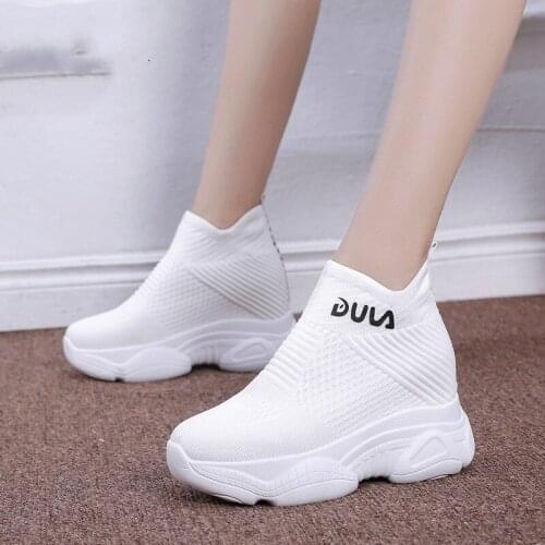 Breathable Knitted Chunky Sneakers Women 2020 New Autumn Solid Wedge Sock Shoes Woman Thick Bottom High Top Shoes Female