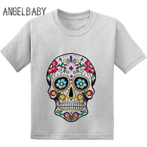 Hot Sale Flower Sugar Skull Kids T-shirts Summer Fashion Children Cotton O-Neck Baby T shirt Boys/Girls Casual Tops Tee,GKT215