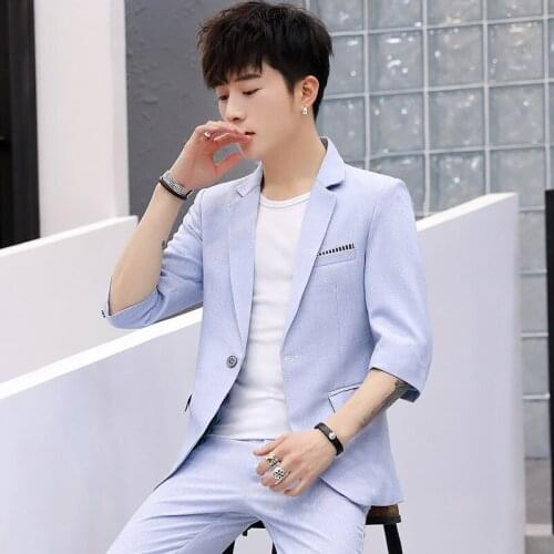 2021 New Summer Fashion Casual Mens Solid Color Single Button Slim Two-piece Mid-sleeved Mens Suits