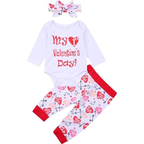 0-18M My 1st Valentines Day Newborn Baby Girl Clothes Set Summer Cute Infant Girl Letter Romper + Pants Headband Outfits