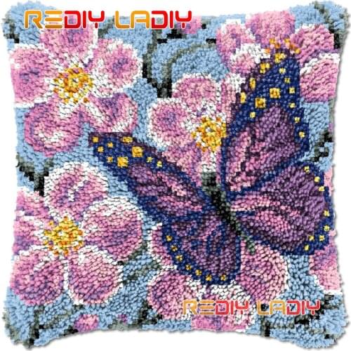 Latch Hook Cushion Purple Butterfly DIY Needlepoint Kits Chunky Acrylic Yarn Arts Crocheting Lofty Pillow Case Hobby & Crafts