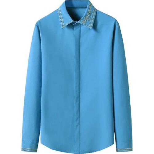 The New Casual Wear Solid Color Small Fresh Mens Color Matching Business Fashion Embroidery Long-Sleeved Shirt