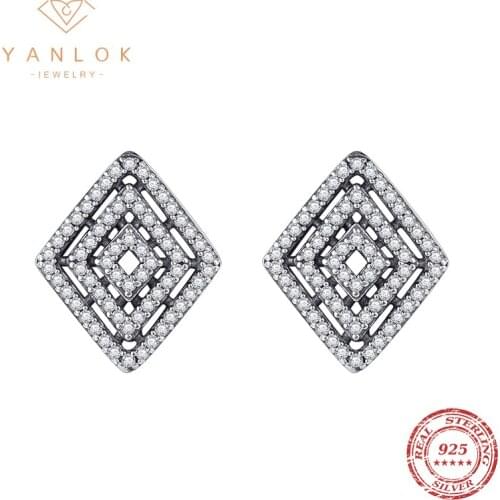 YANLOK New Arrival Pure 925 Sterling Silver Exquisite Geometric Rhombus Spider Web CZ Stud Earrings For Women Fine Jewelry