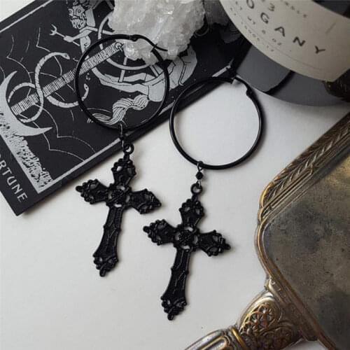 Gothic Black Cross Hoops Earrings Witchy Alternative Goth Victorian Medieval Witchy Punk Statement Gorgeous Jewelry Women Gift