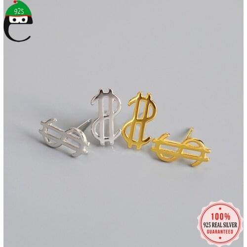 ElfoPlataSi Fashion Genuine 925 Sterling Silver Sweet Tiny Dollar Sign Stud Earring For Women Fine Silver Jewelry Gift DA516