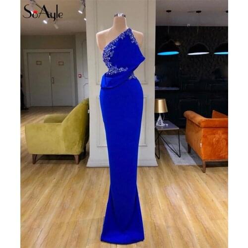 SoAyle Luxurious Royal Blue Mermaid Evening Dress Sleeveless Strapless Neck Crystal Beaded Arabian Evening Dress Sexy Design
