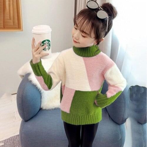 New Knitting Spring Winter Round Neck Pullover Sweater Girls Kids Childrens Warm Splicing Thicken High Quality Plus Velvet