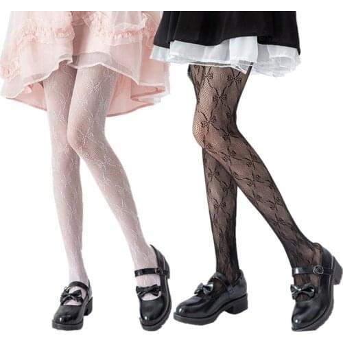Japanese Women Fishnet Pantyhose Sweet Bowknot Pattern Jacquard Tights Gothic Lolita Kawaii Hollow Out Mesh Stockings
