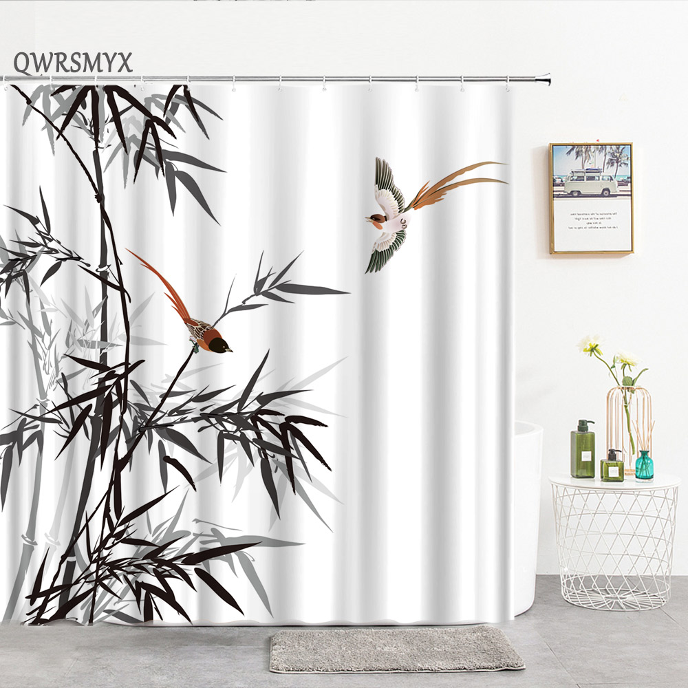 Ink Painting Bamboo Leaves Bird Shower Curtains Mountain Water Plant Landscape Waterproof Bathroom Curtain Chinese Home Decor