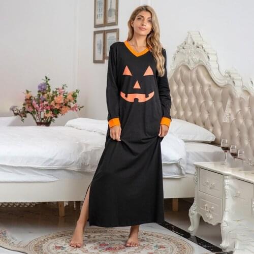 Women Nightdress Sleepwear Loose Long Sleeve Pocket Cotton V-Neck Split 2021 Spring New Casual Soft Comfortable Home Dress