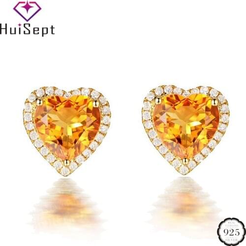 HuiSept Trendy 925 Silver Jewelry Stud Earrings for Female Heart-shape Citrine Zircon Gemstones Earrings Wedding Party Wholesale