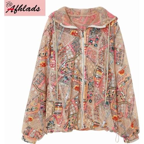 Summer Womens Loose Casual Sequin Embroidery Hooded Coats Lace Straight Long Sleeve High Quality Cardigan Jacket Outerwear