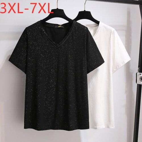 New 2021 Ladies Summer Plus Size Tops For Women Large Short Sleeve Loose Cotton Black Sequins V-neck T-shirt 3XL 4XL 5XL 6XL 7XL