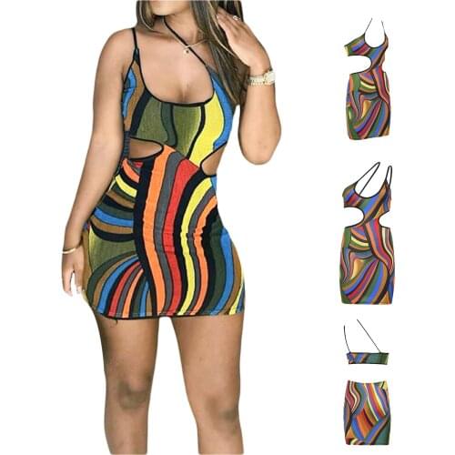 Female Hollow Out Dress, Summer Abstract Pattern Sleeveless Spaghetti Strap Dresses for Ladies Party, S/M/L