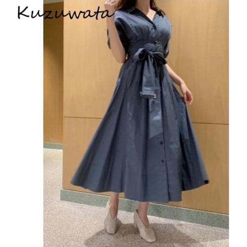 Kuzuwata 2021 Summer French Shirt Dresses Lapel Puff Sleeves High Waist Drawstring Vestidos Temperament Thin Long Robe Women
