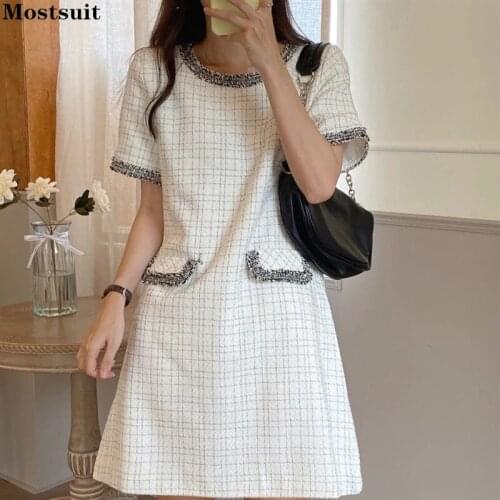 Short Sleeve Vintage Plaid Dress For Women 2021 Summer Fashion Mini Dresses Korean Runway Dress Party Night Ropa Mujer