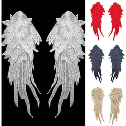 2PCS White Feather Wings Fabric Embroidery Gown Appliques Collar Sew On Patches For Wedding Decoration Dress Lace Accessories