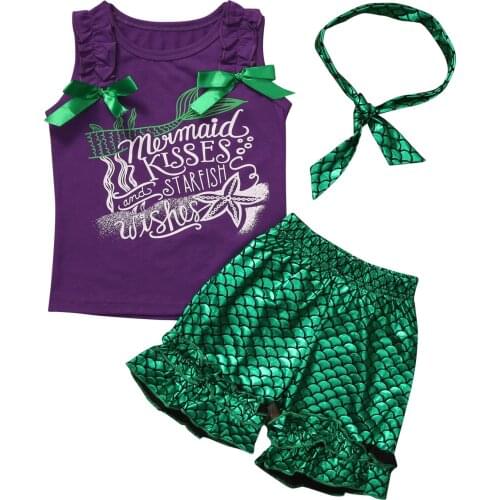 3PCS Toddler Kids Baby Girl Mermaid Outfits Vest Tops+Pants+Headband Clothes Set