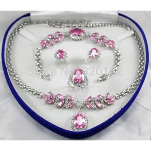 Free shipping>>> bridal Style Bridal Jewellery Womens Set Pink Crystal Necklace Earring Bracelet Ring Wholesale Plated gold Jew