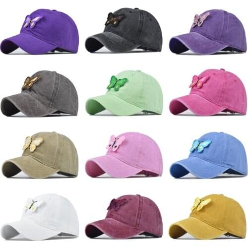 Unisex Vintage Washed Cotton Baseball Cap 3D Embroidered Butterfly Patchwork Solid Color Summer Adjustable Snapback Trucker Hat