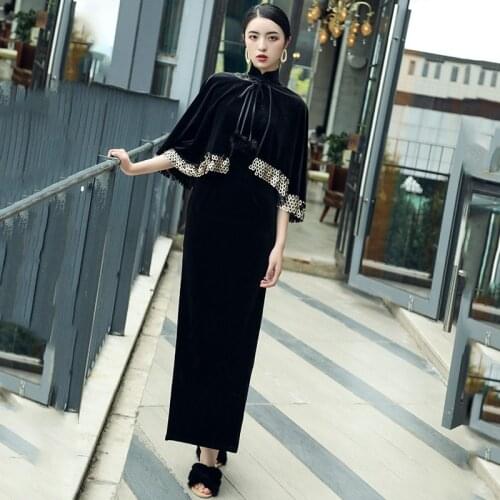Black Velvet Cheongsam Traditional Chinese Style Dress With Cape Vietnam Dress Slim Embroidery Slit Sexy Oriental Dress FF1752