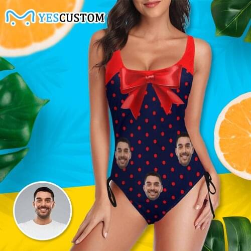 Custom Face Photo Swimsuit Women Bikini Bra Beach One Piece Red and Navy Blue Personalized Drawstring Side Female Gift Swimwear