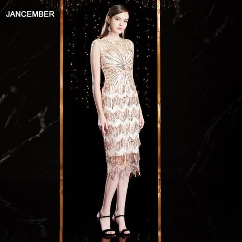 J9009 jancember long evening dresses 2020 o-neck beading sequin pattern lace bandage dress celebrity dresses платья на выпускной