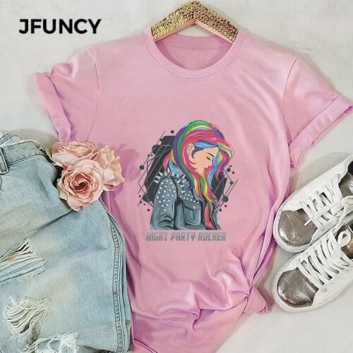 JFUNCY Party Rock Girl Fashion Summer T Shirt Women Plus Size Short Sleeve Cotton Tees Woman Tops Casual Shirts Female