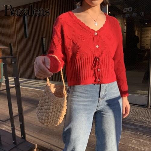 Bazaleas 2018 Fashion Women Knitted Cardigans Red Center Buttons Sweater Vintage Front Bandage Women Sweater Casual