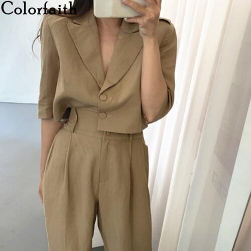 Colorfaith 2021 New Spring Summer Woman Sets 2 Piece Ankle-Length Wide Leg Pants High Waist Casual Single Breasted Suit WS1019