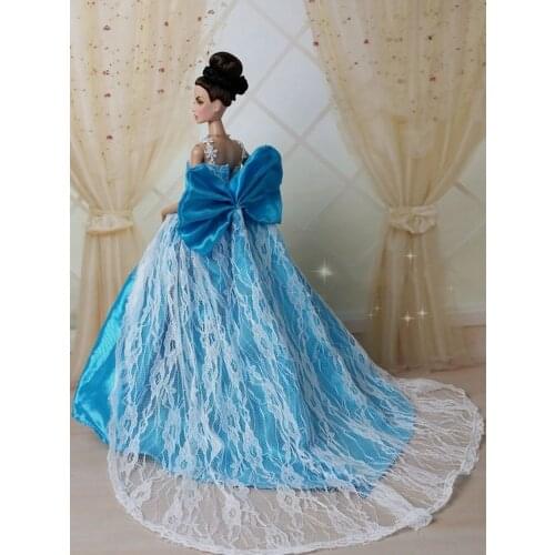 Blue Bowknot Lace Elegant Wedding Dress for Barbie Accessories Princess Party Gown Outfits 1/6 BJD Doll Playhouse Clothes Toys