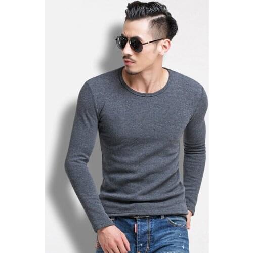 Mens T-shirt with velvet and thick sleeves, T-shirt with round collar and T-shirt in winter, pure color, warm and tight clothes