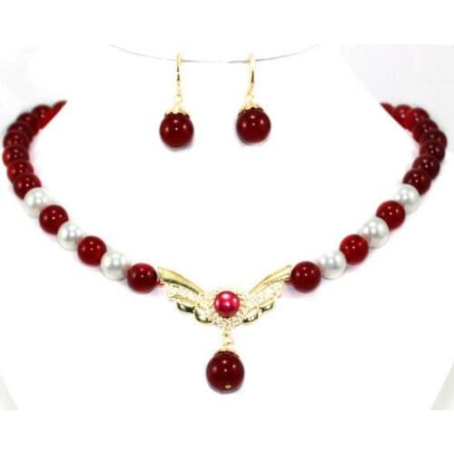 Noblest 10mm red jade & white pearl necklace 17 inch + pendant & earrings set
