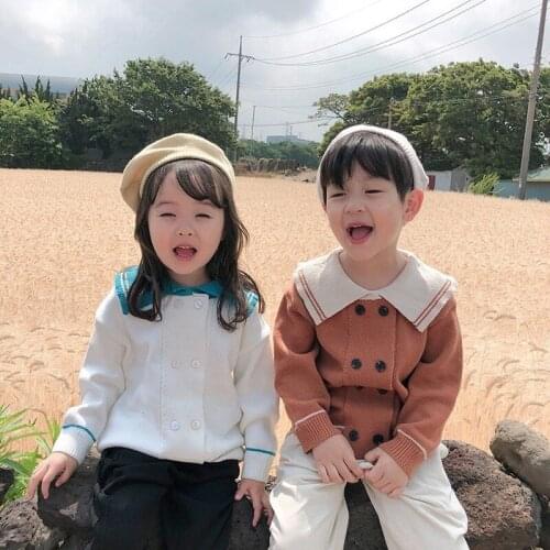 New childrens sweater Korean style childrens navy wind-over-collar knitting sweater double-breasted male and females sweater