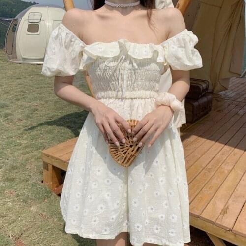 Vestido Ruffles Puff Sleeve Sexy Women Summer Dress 2021 Square Collar Vintage Floral Party Dresses Elegant Pleated Dress 13677