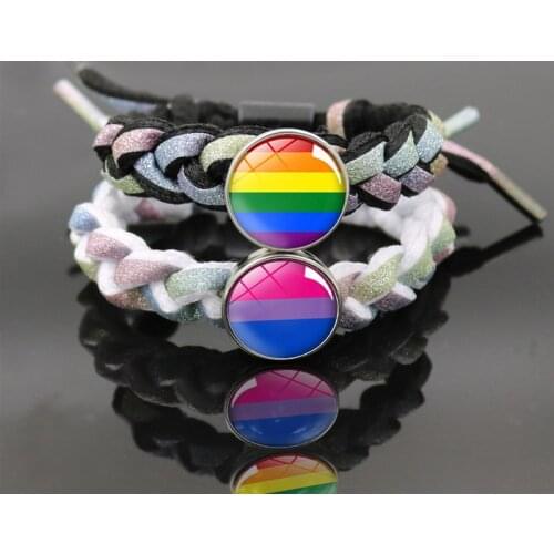LGBT Handmade Braided Rope Bracelet Wholesale Gay Pride Rainbow Flag Photo Glass Snap Button Bracelets for Women Men Lovers Gift