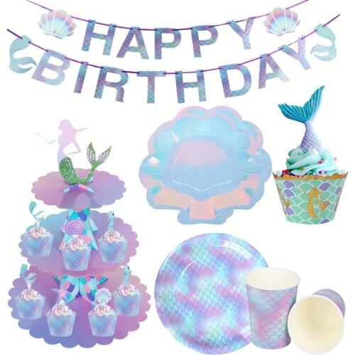 Little Mermaid Birthday Party Cake Stand Paper Cups Plate Mermaid 1st Happy Birthday Parties Decoration Kids Wedding Baby shower