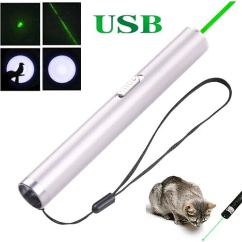 Portable Mini 2 in 1 Green Laser Pointer USB Rechargeable LED Flashlight Red Dot Laser Funny Cat Toy Childrens Birthday Gift