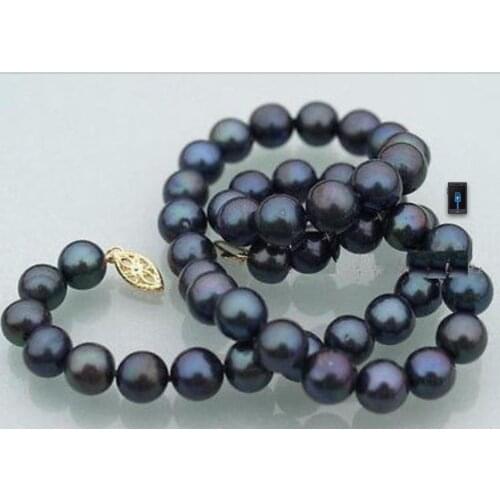 Stunning round8-9mm tahitian black blue pearl necklace 18inch 14k/20