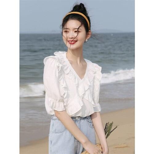 2021 Promotion Time-limited 20508 (11 Aisle Outside Room 2) Net Red Figure V-neck Solid Cross Lace Short Sleeve Shirt 41