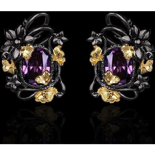 CIZEVA Luxury Vintage Amethyst Stud Earring for Women Hollow Design Exquisite Floral Vine Earring Evening Party Italian Jewelry