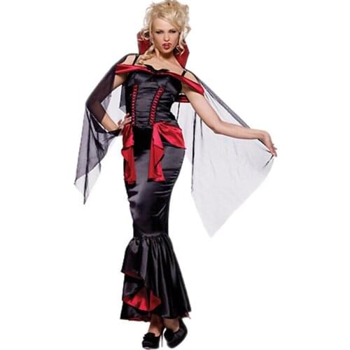 Sexy Halloween Party Coplay Costume Woman Black Long Devil costume dress with Cape M4022