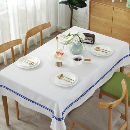 Nordic Pure White Thick Tablecloth with Blue Ball Rectangular Wedding Table Cloth Coffe Table Cover Utdoor Decoration Manteles