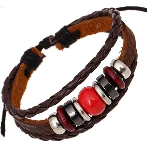 Vintage Fashion Multilayer Beads Wrap Bracelet Adjustable Braided Leather Cuff Charm Retro Bangle Wristband Women Casual Jewelry