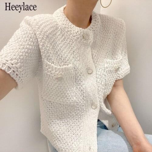 2021 New Summer Chic O-neck Short Sleeve Womens Cardigans Sweaters Knitted Elegant Single-breasted Pockets Female White Tops