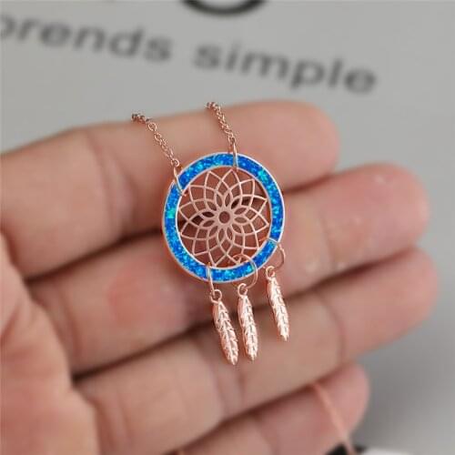 Rose Gold Silver Color Wedding Necklace Fashion Opal Chain Necklace Cute Female Hollow Dreamcatcher Pendant Necklaces For Women